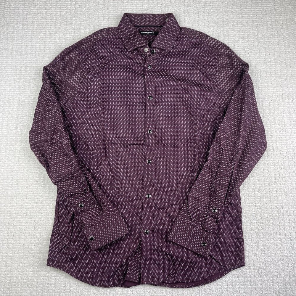 KARL LAGERFELD Men's Red Burgundy Dash Snap Down Dress Shirt Size Medium